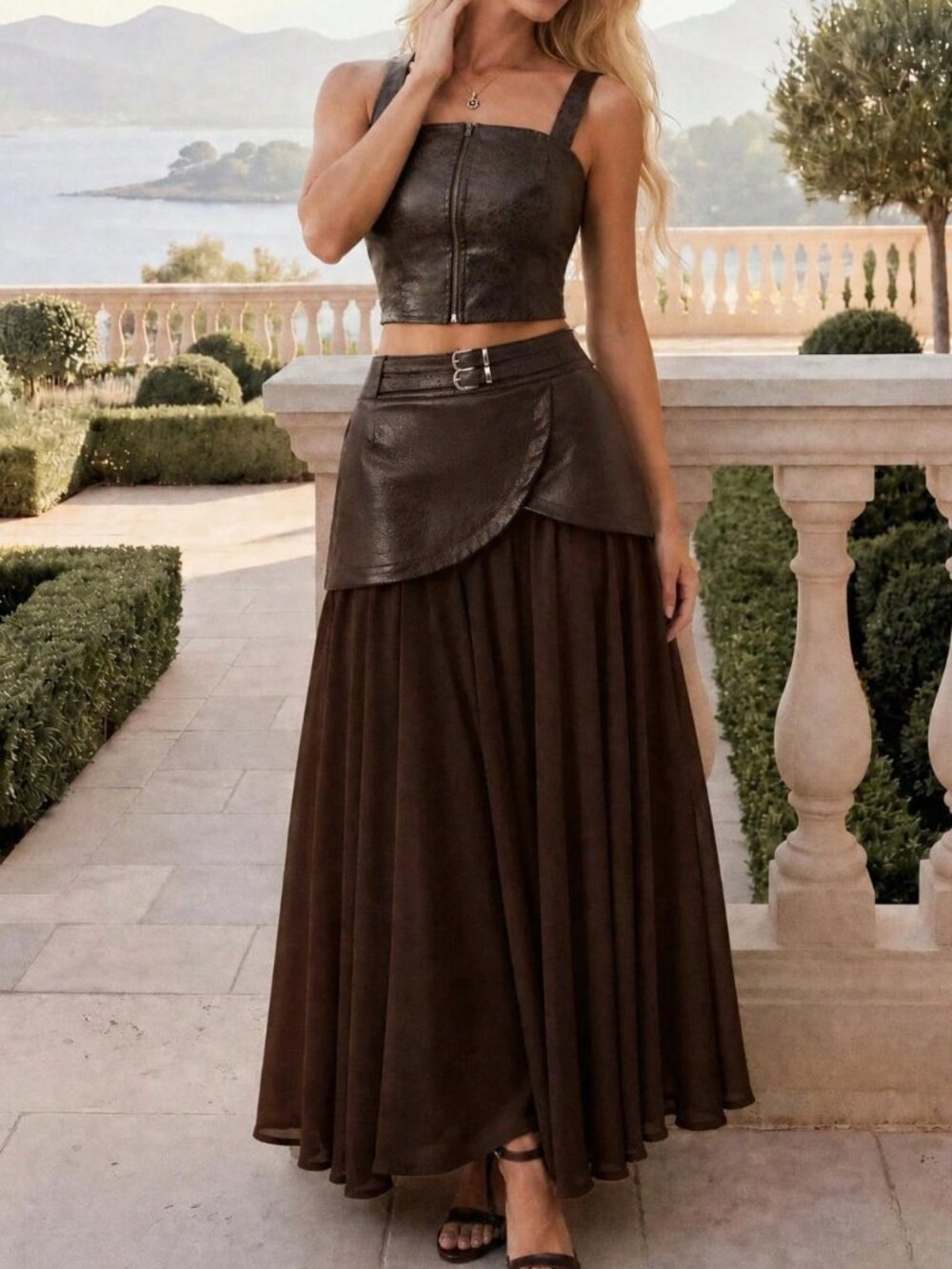 Burgundy Casual Women's High Waist Double Belt Patchwork Chiffon Long Skirt